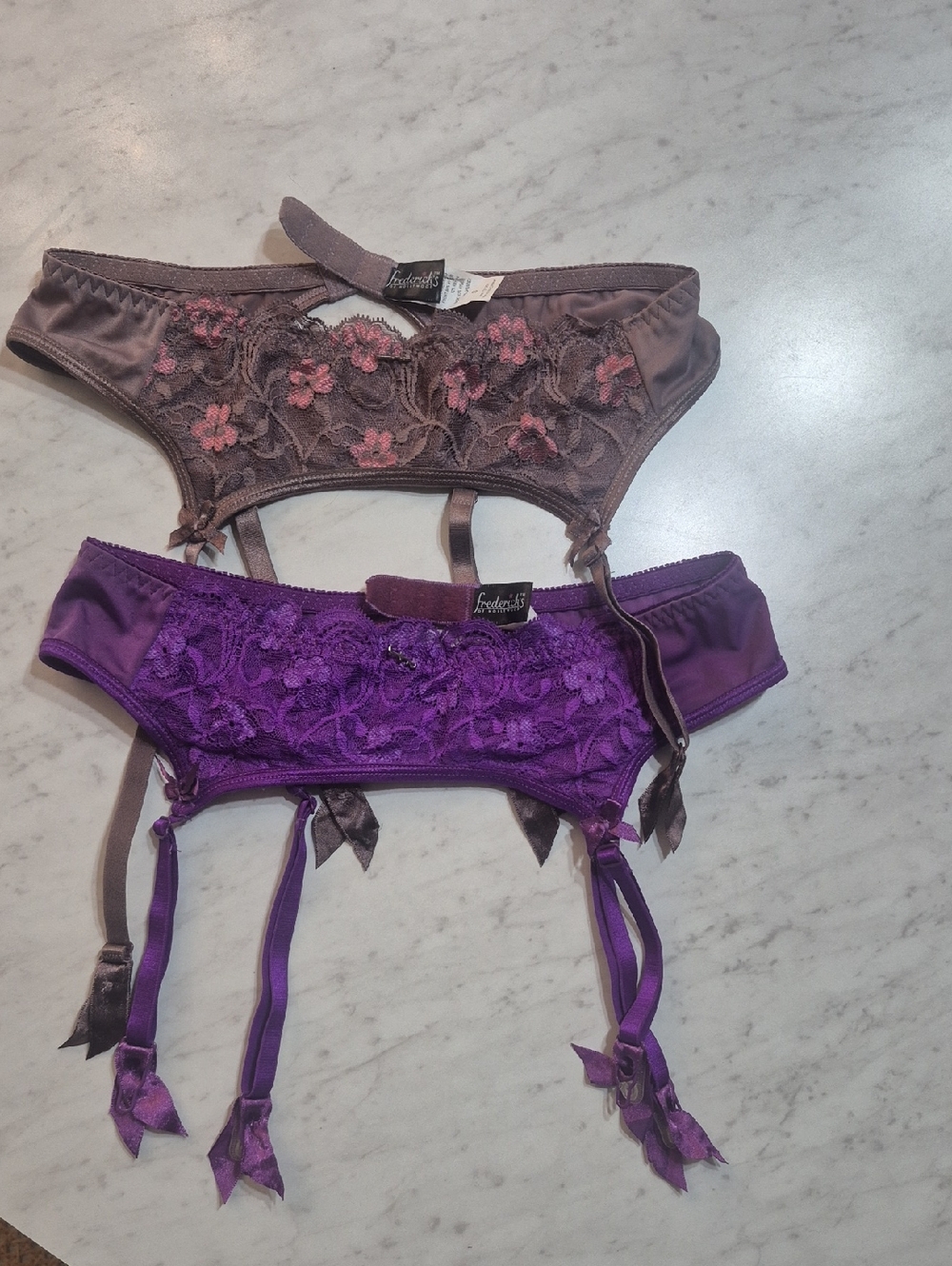 Frederick's of Hollywood Brown and Purple Lace Floral Garter Belts